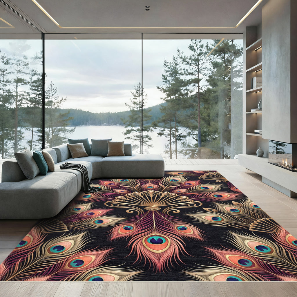 Elegant Gold Peacock Feather Display Rug