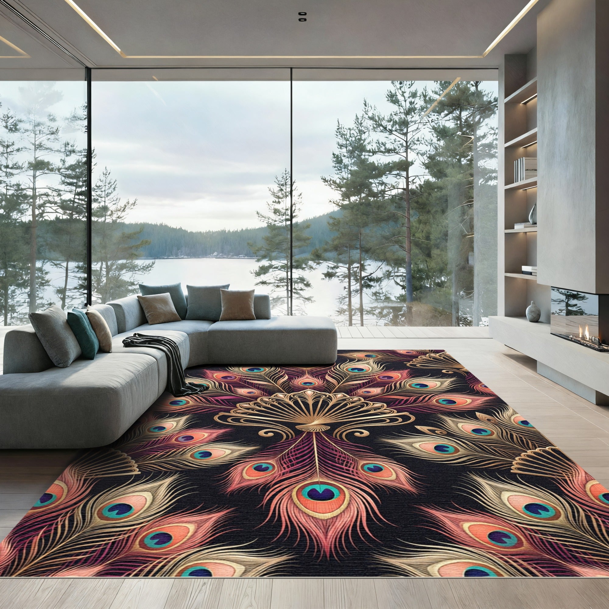 Elegant Gold Peacock Feather Display Rug