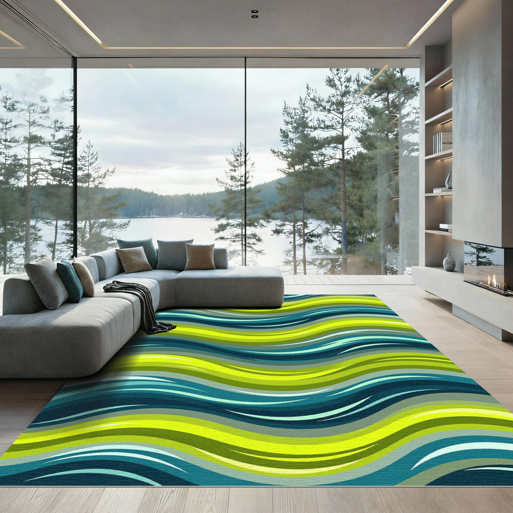Vibrant Lime Green Teal Wave Rug