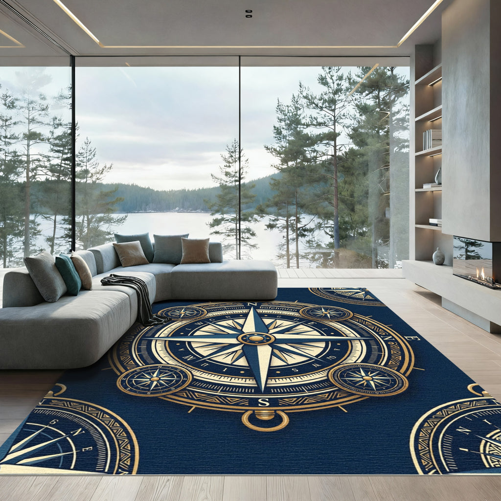 Navy Golden Nautical Compass Floor Art Rug