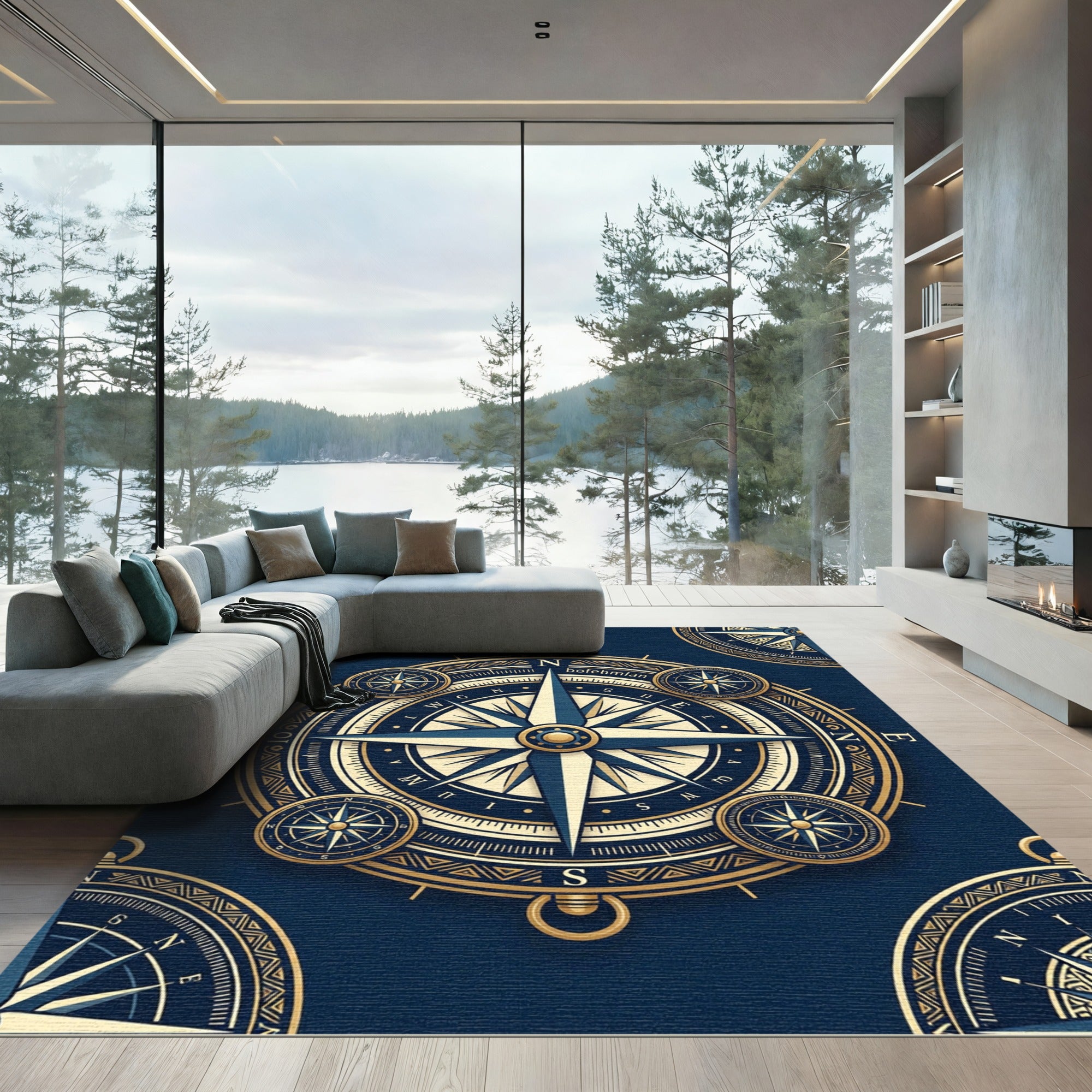 Navy Golden Nautical Compass Floor Art Rug