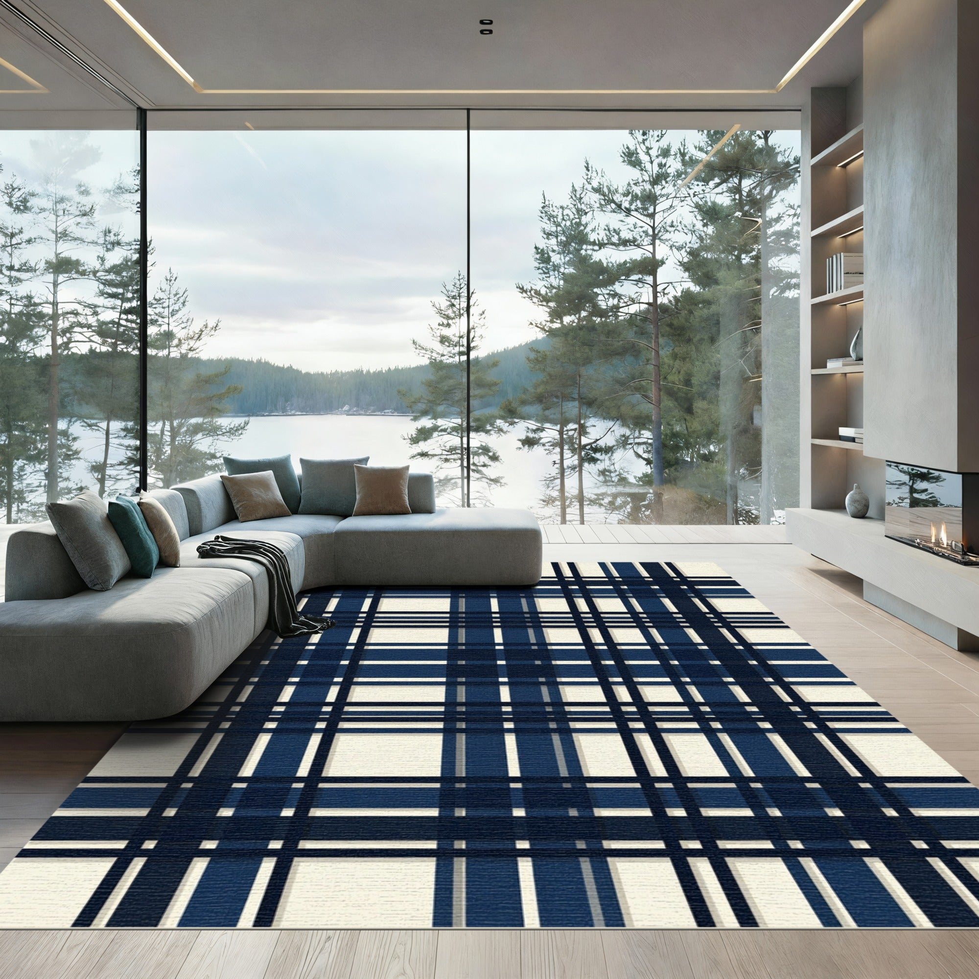 Navy Blue Cream Plaid Checked Rug