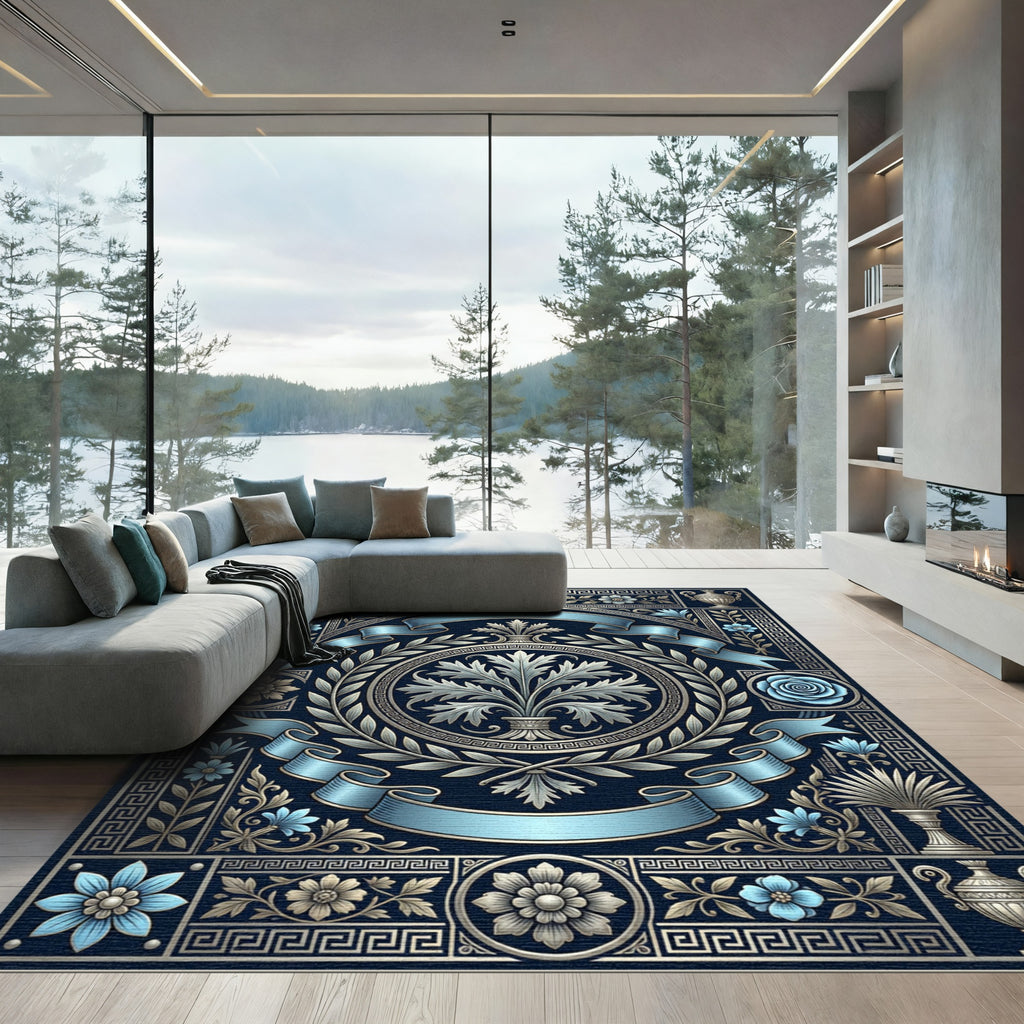 Ancient Ocean Blue Floral Emblem Rug