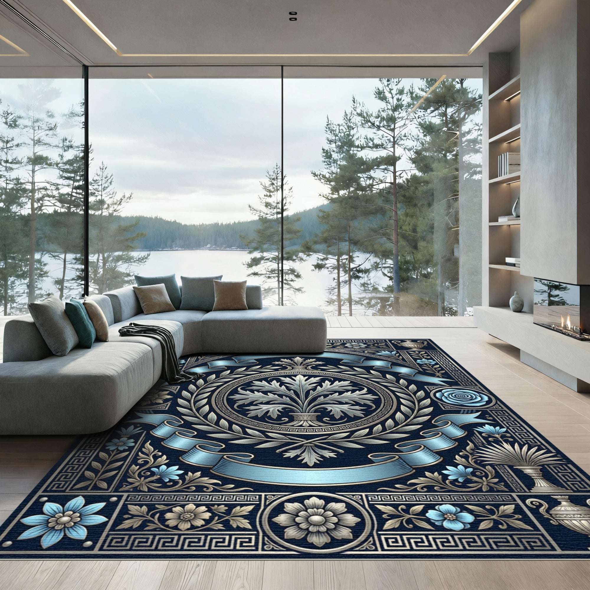 Ancient Ocean Blue Floral Emblem Rug