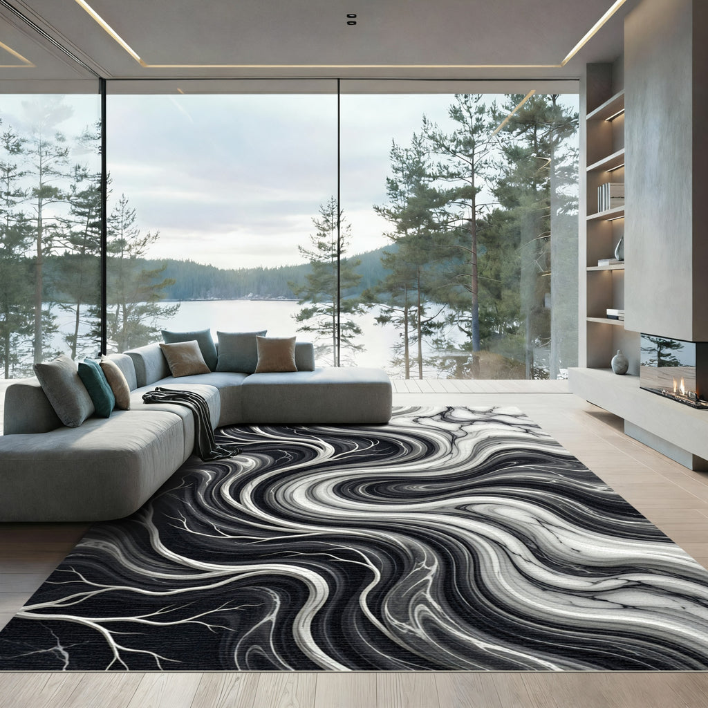 Monochromatic Abstract Swirl Branches Rug