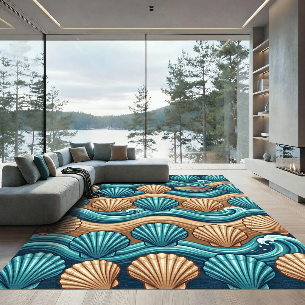 Turquoise Seashell Sandy Wave Pattern Rug