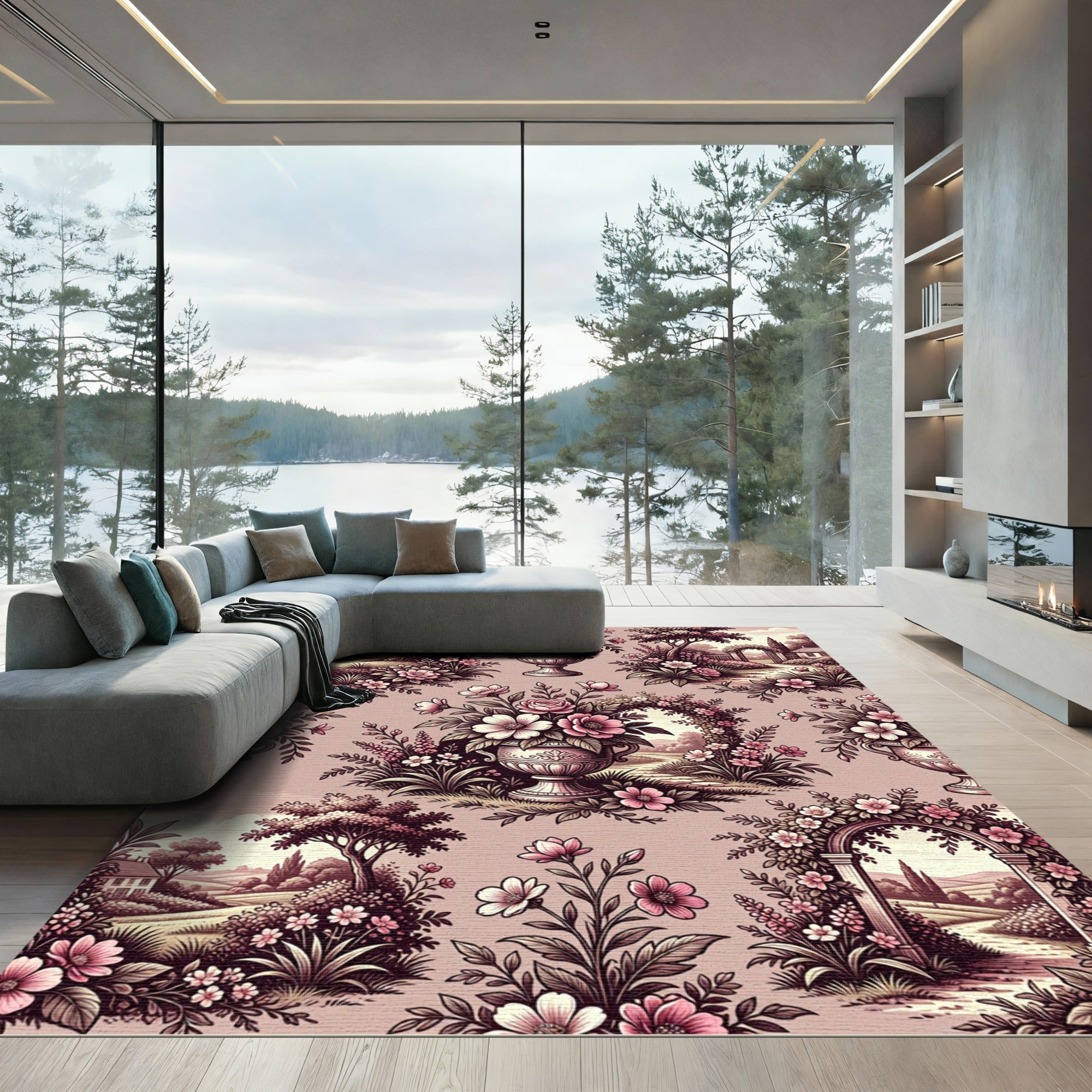 Vintage Dusty Rose Floral Urn Landscape Rug
