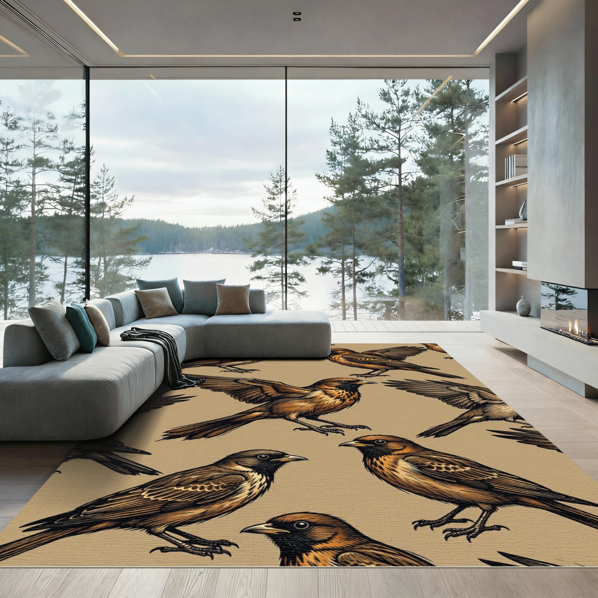 Earthy Brown Sparrow Bird Illustration Rug