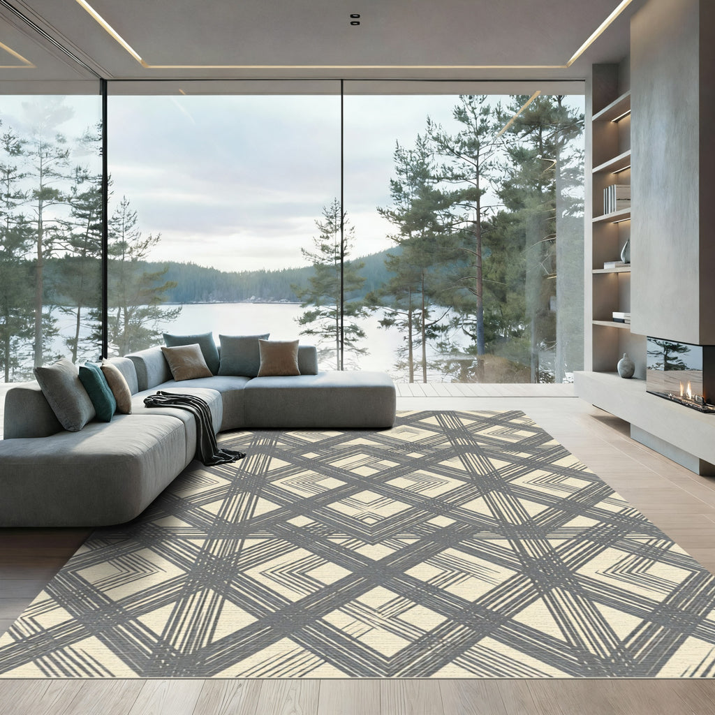 Cream Gray Intersecting Diamond Lines Rug