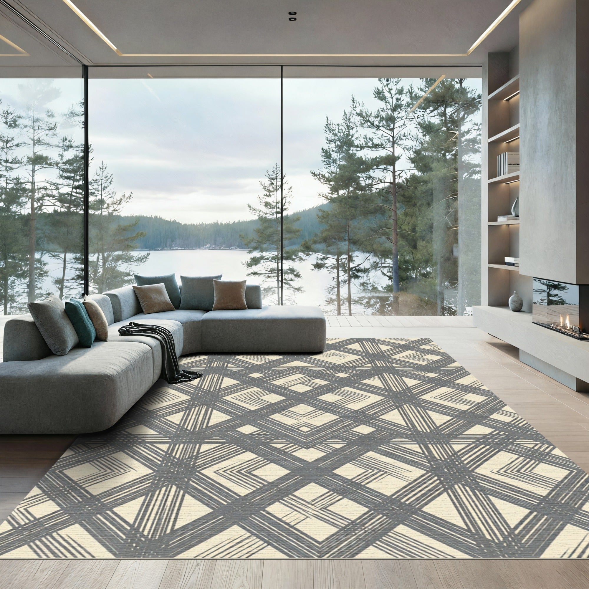 Cream Gray Intersecting Diamond Lines Rug