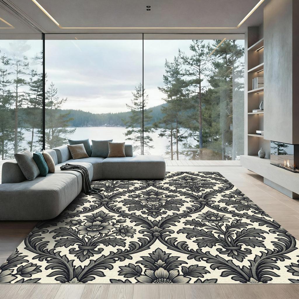 Elegant Charcoal Damask Scroll Flourish Rug