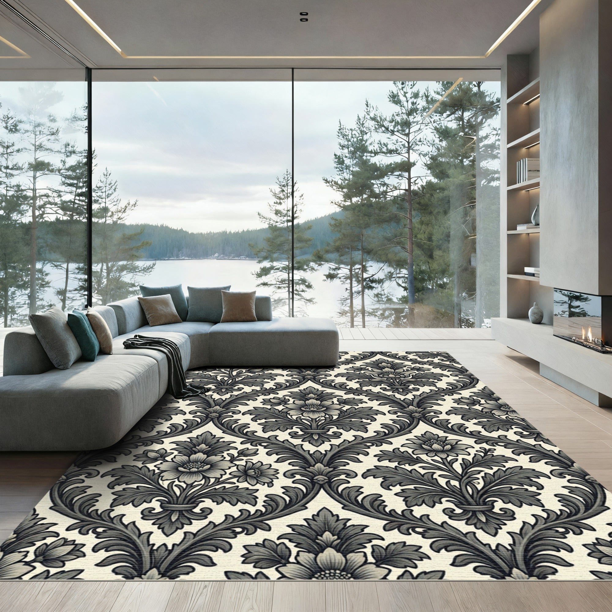Elegant Charcoal Damask Scroll Flourish Rug