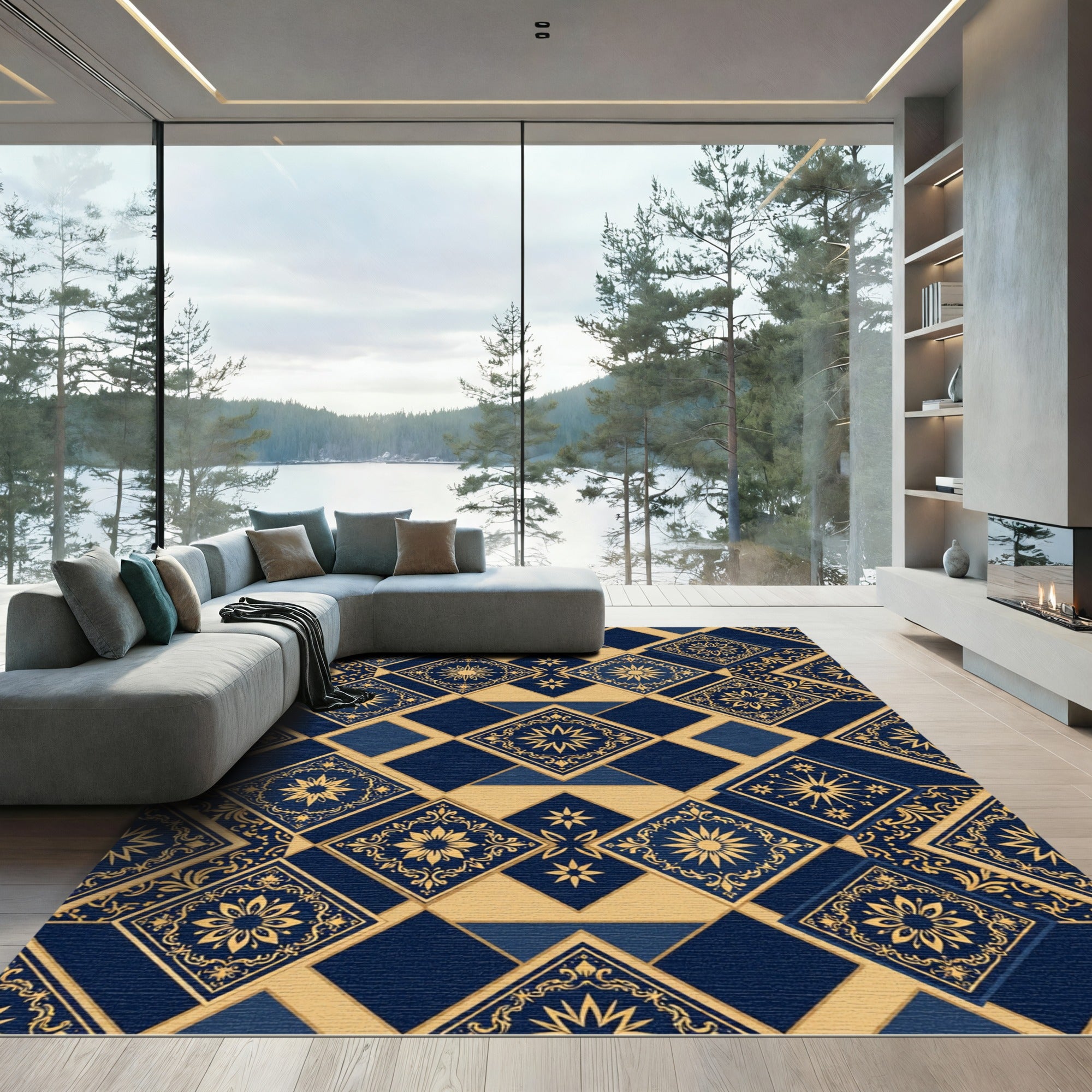 Deep Blue Gold Medallion Tile Arrangement Rug