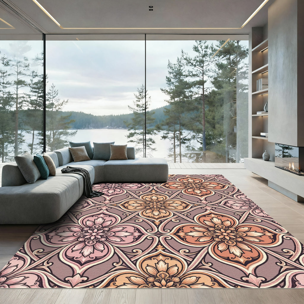 Elegant Blush and Copper Floral Damask Rug