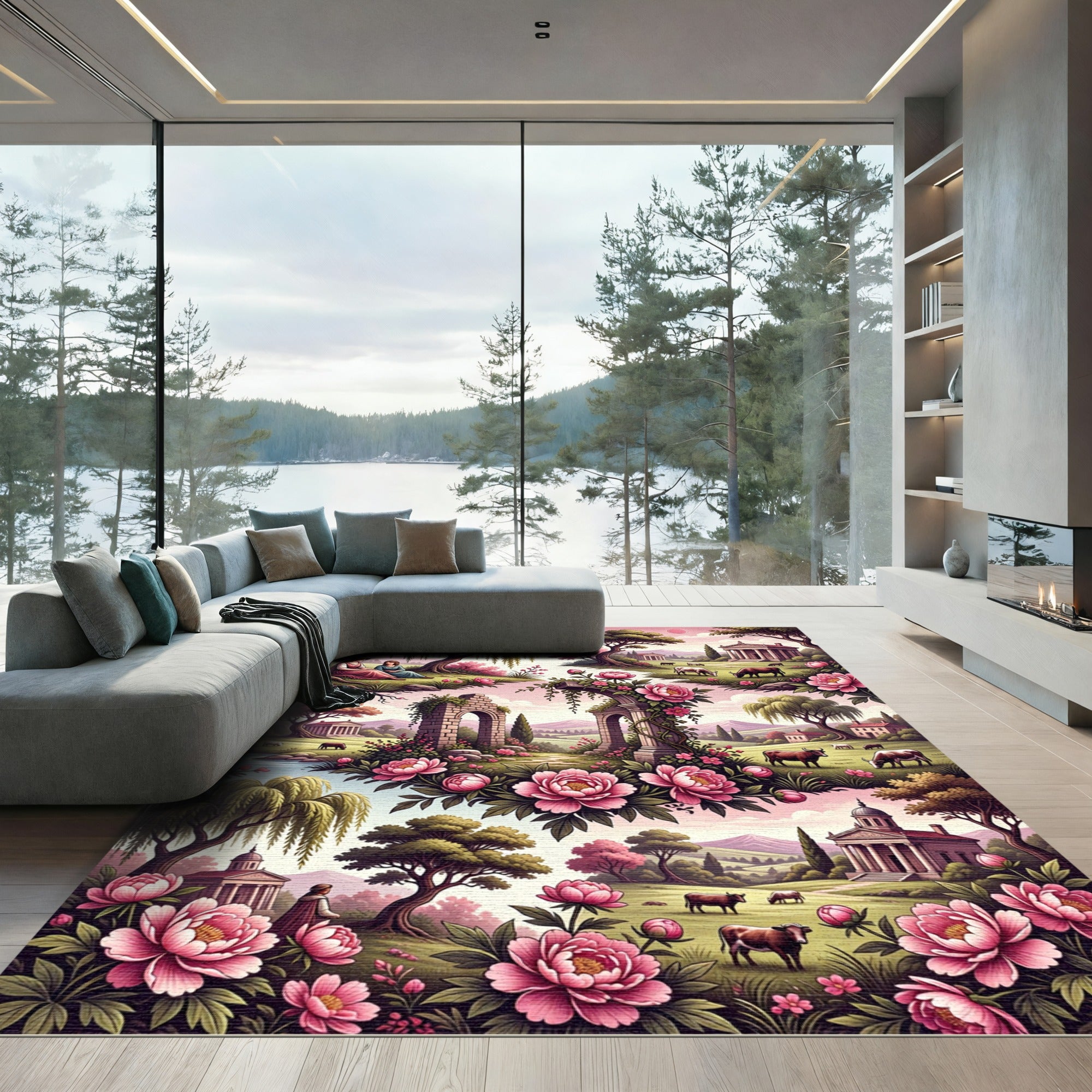 Pink Peony Floral Arch Landscape Rug