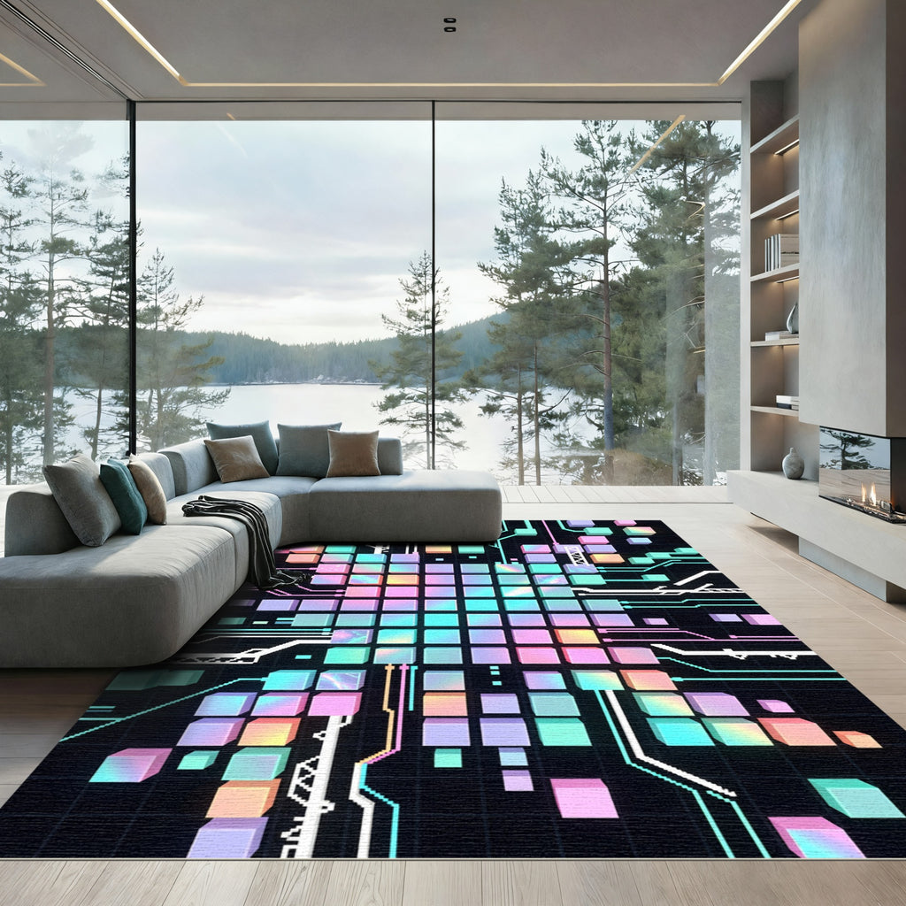 Neon Cybernetic Cube Grid Abstract Rug