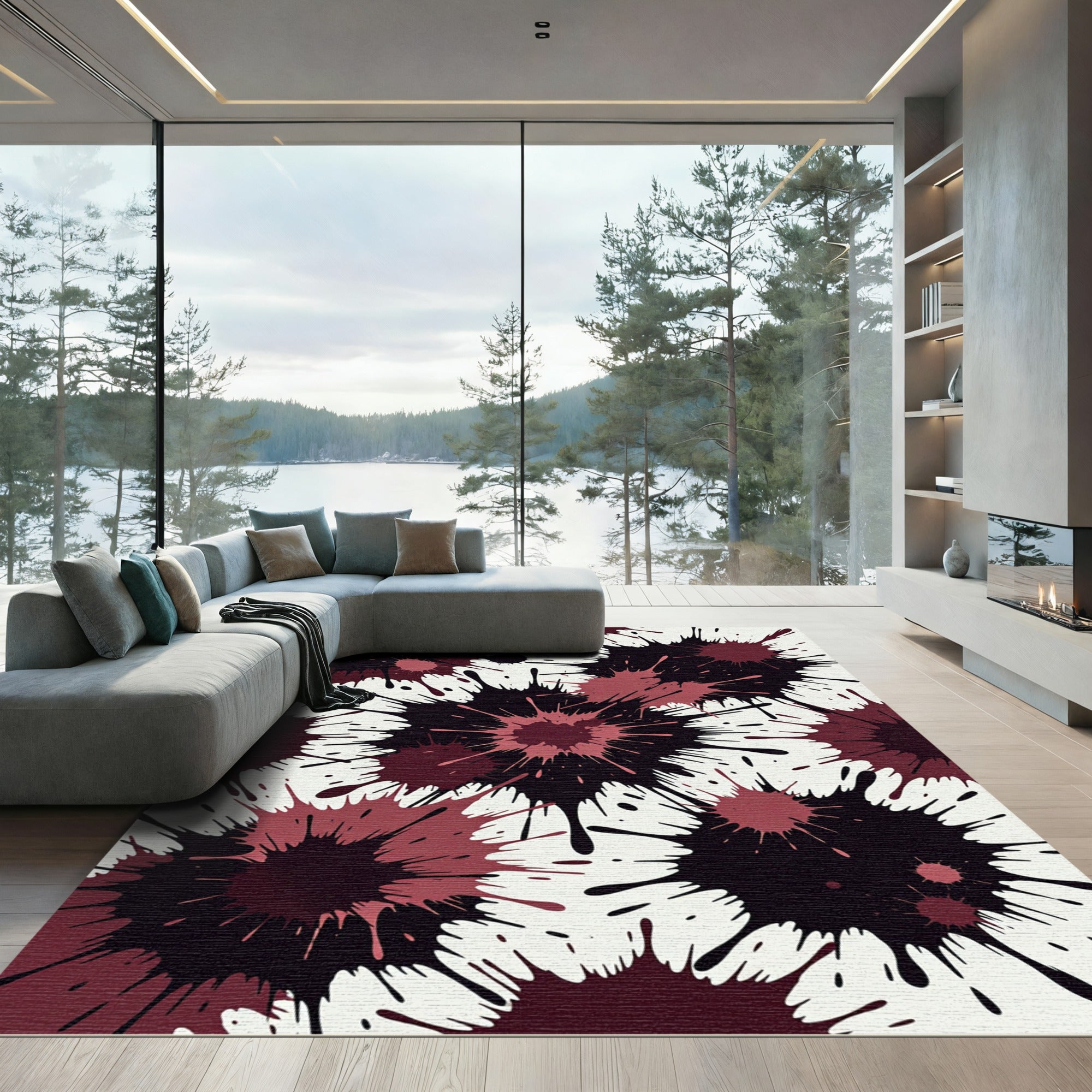 Bold Crimson Ink Splash Abstract Art Rug