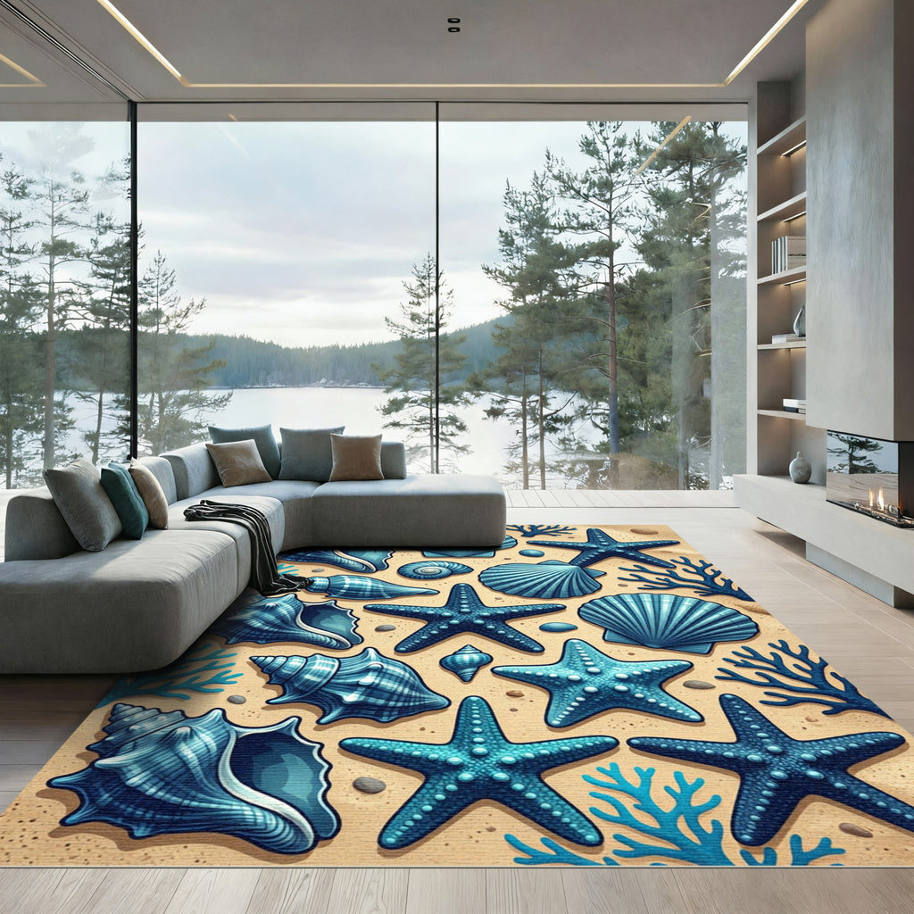 Ocean Blue Seashell Starfish Coral Rug