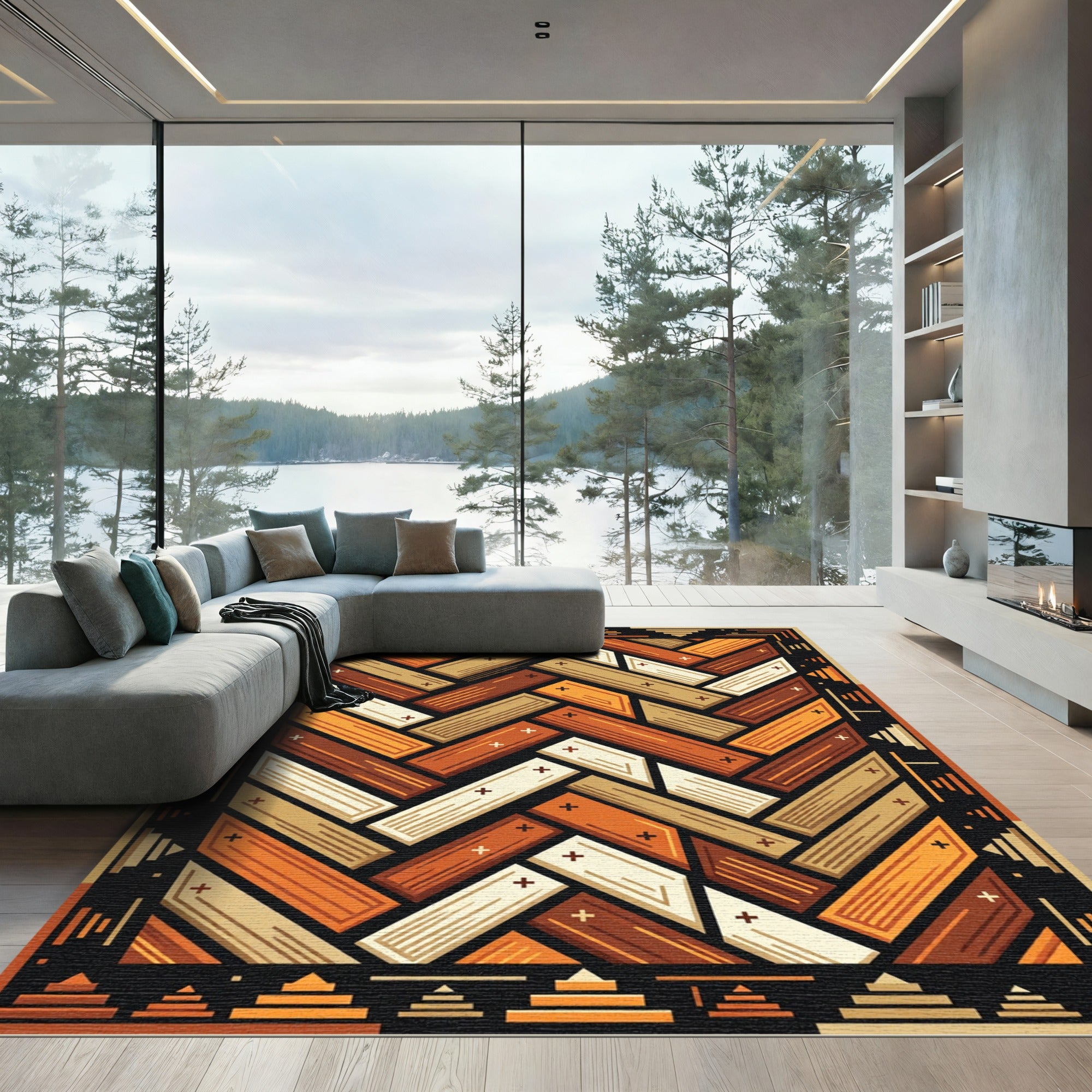 Herringbone Amber Ochre Geometric Tile Rug