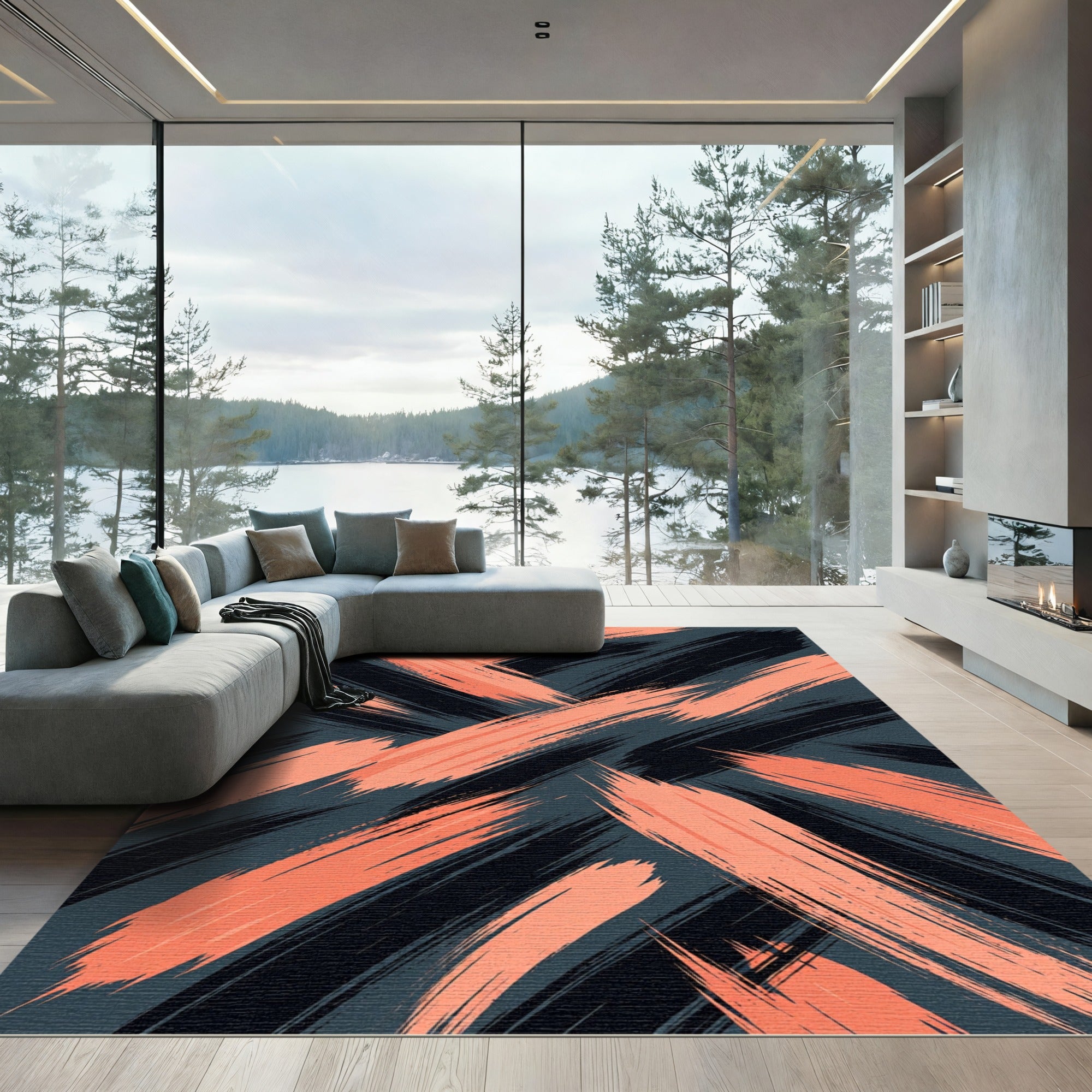 Bold Coral and Charcoal Brushstrokes Rug