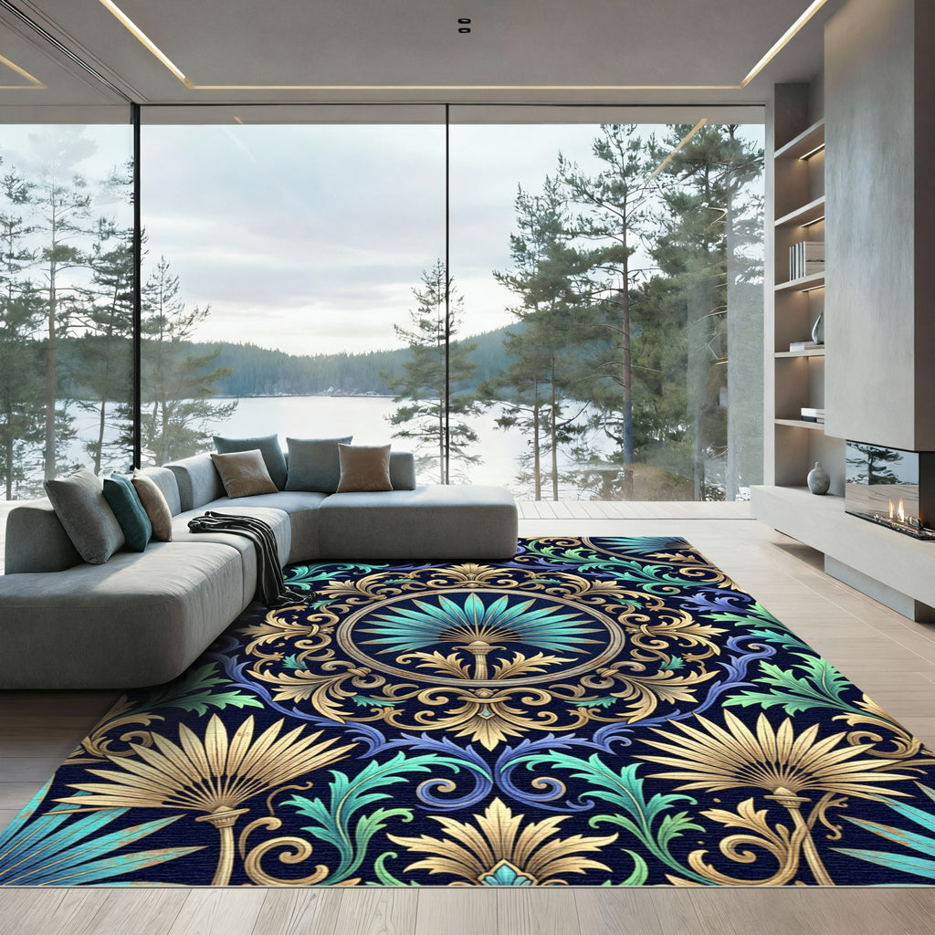 Ornate Teal and Gold Fan Medallion Rug