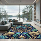 Ornate Teal and Gold Fan Medallion Rug