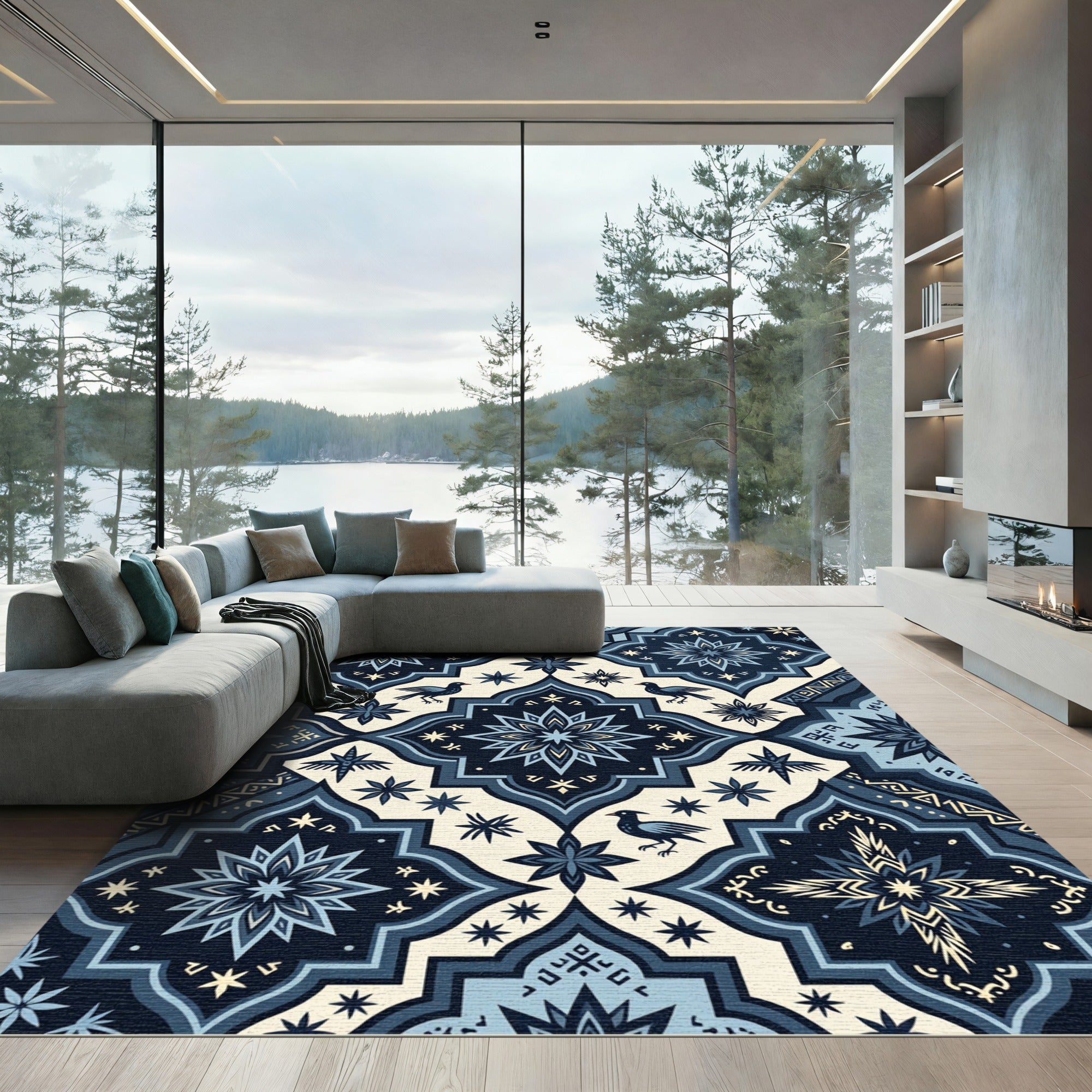 Midnight Starry Celestial Bird Tile Rug