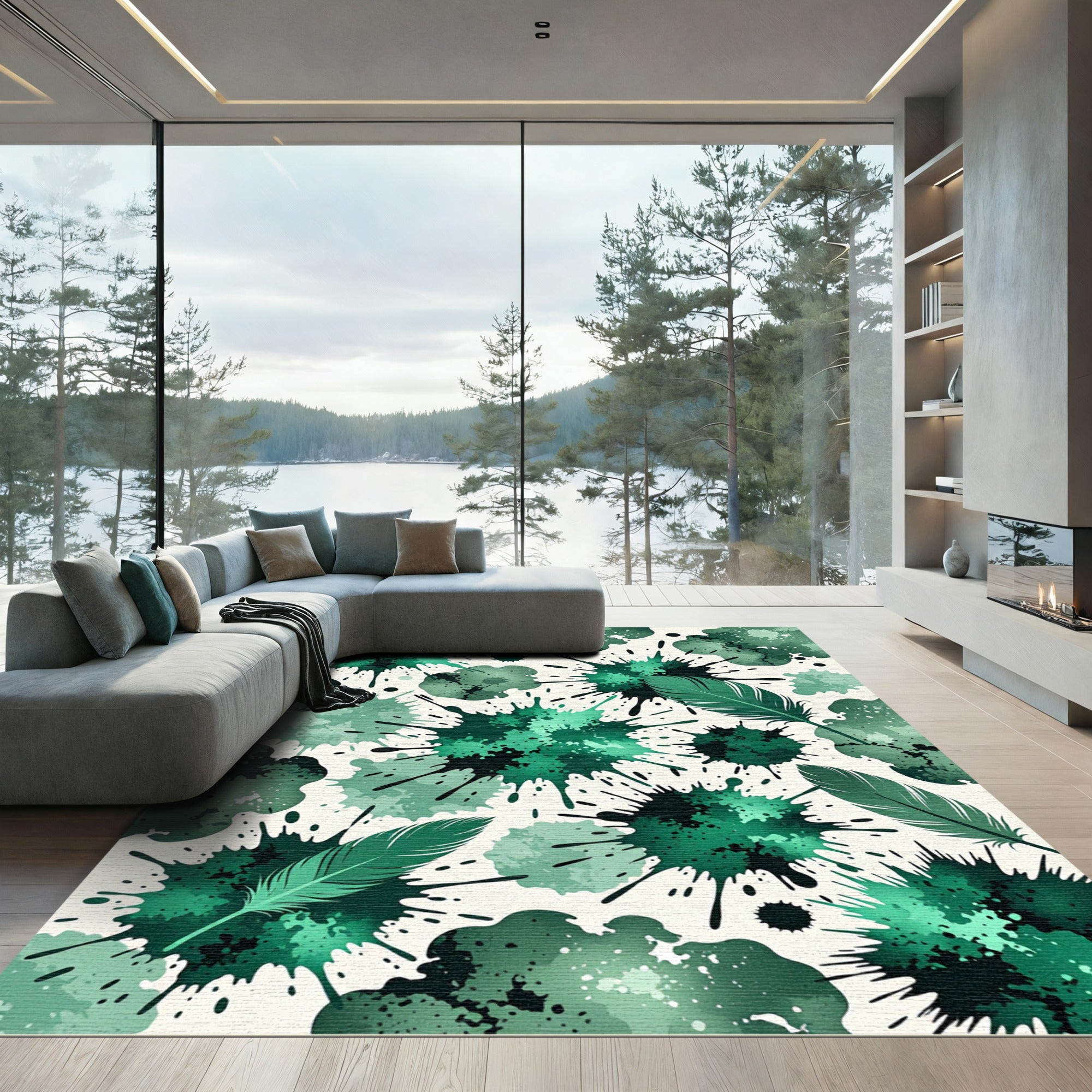 Emerald Splash Feather Abstract Rug