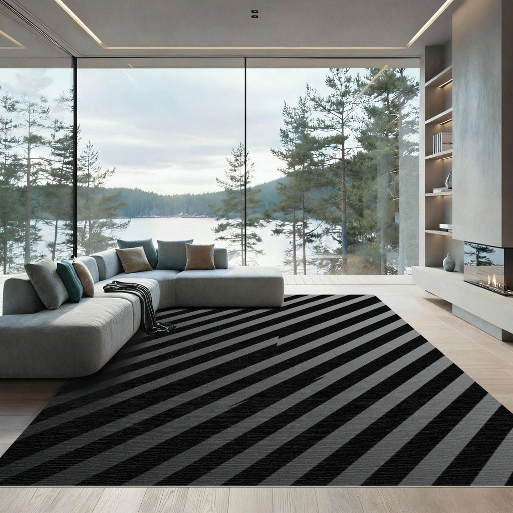 Modern Monochrome Diagonal Striped Graphic Rug
