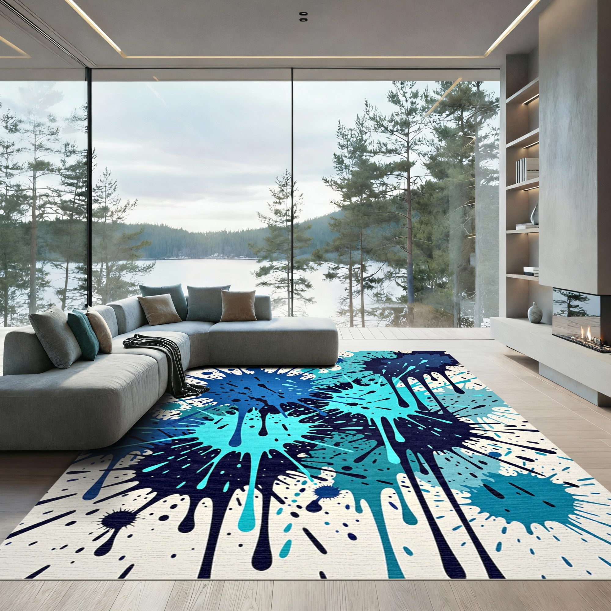 Dynamic Blue Cyan Ink Splatter Artwork Rug
