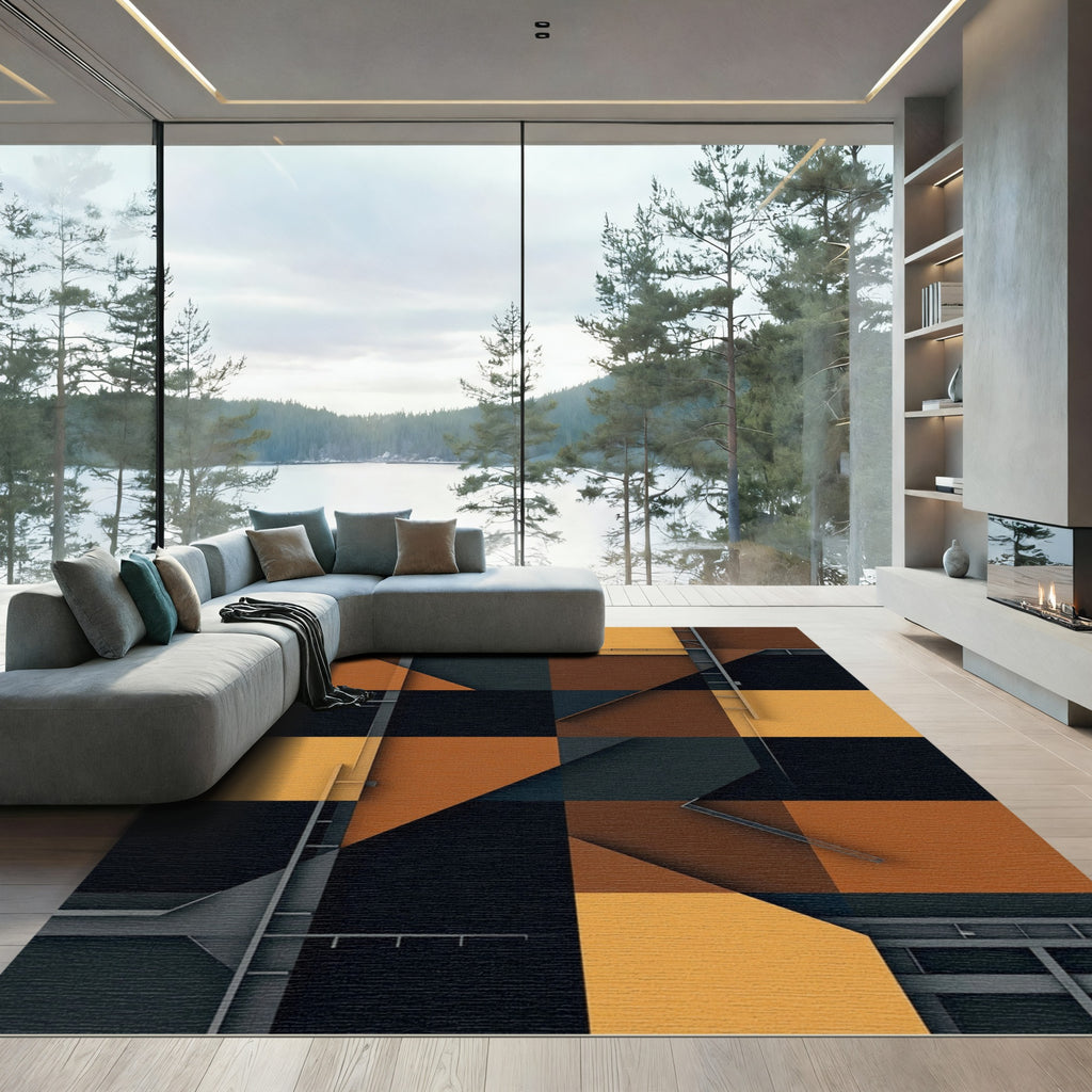 Modern Geometric Ochre and Charcoal Grid Rug