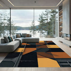 Modern Geometric Ochre and Charcoal Grid Rug