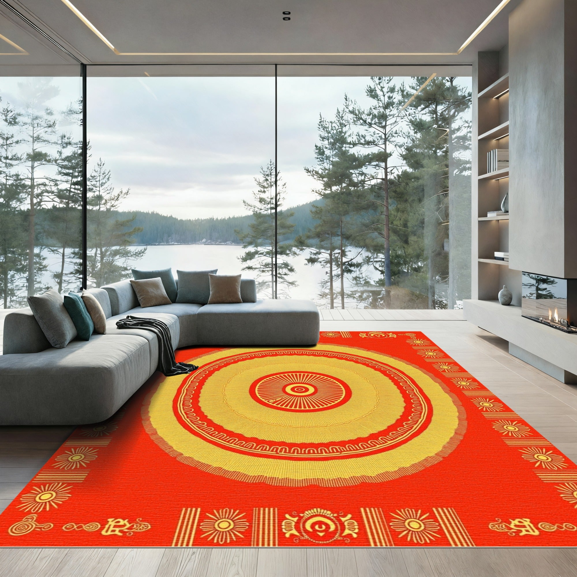 Golden Sunburst Mandala Red Rug