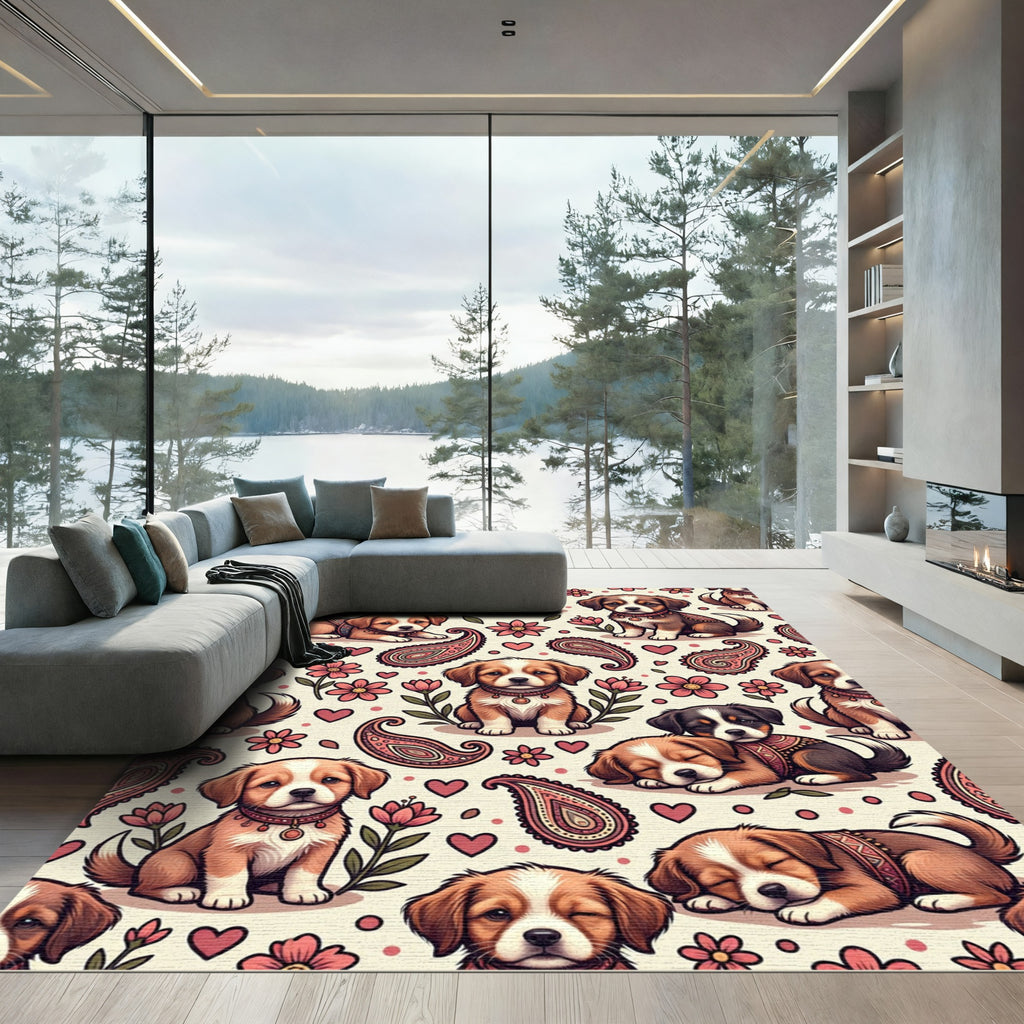 Cute Puppy Floral Paisley Boho Illustration Rug