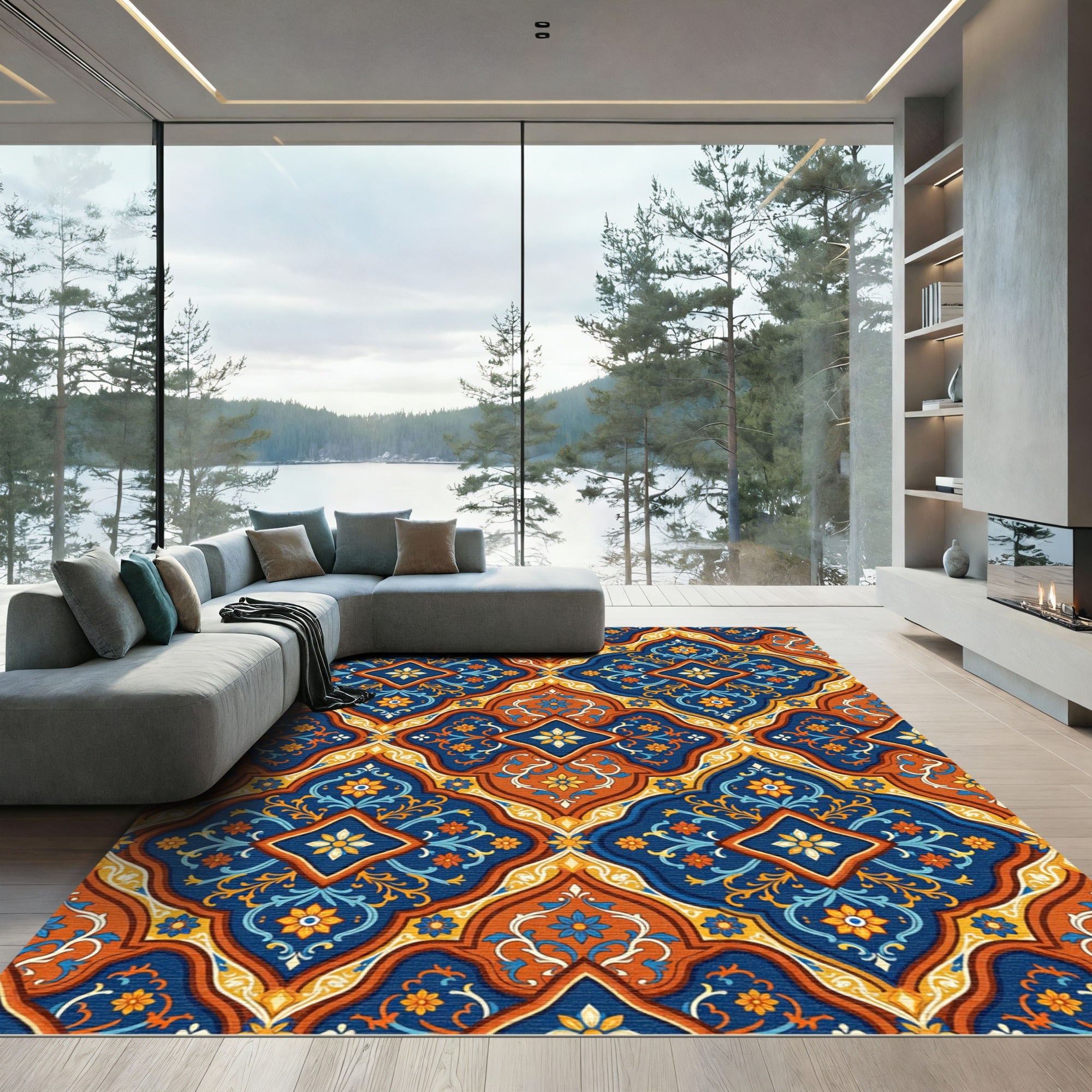 Ornate Blue and Copper Floral Tile Rug