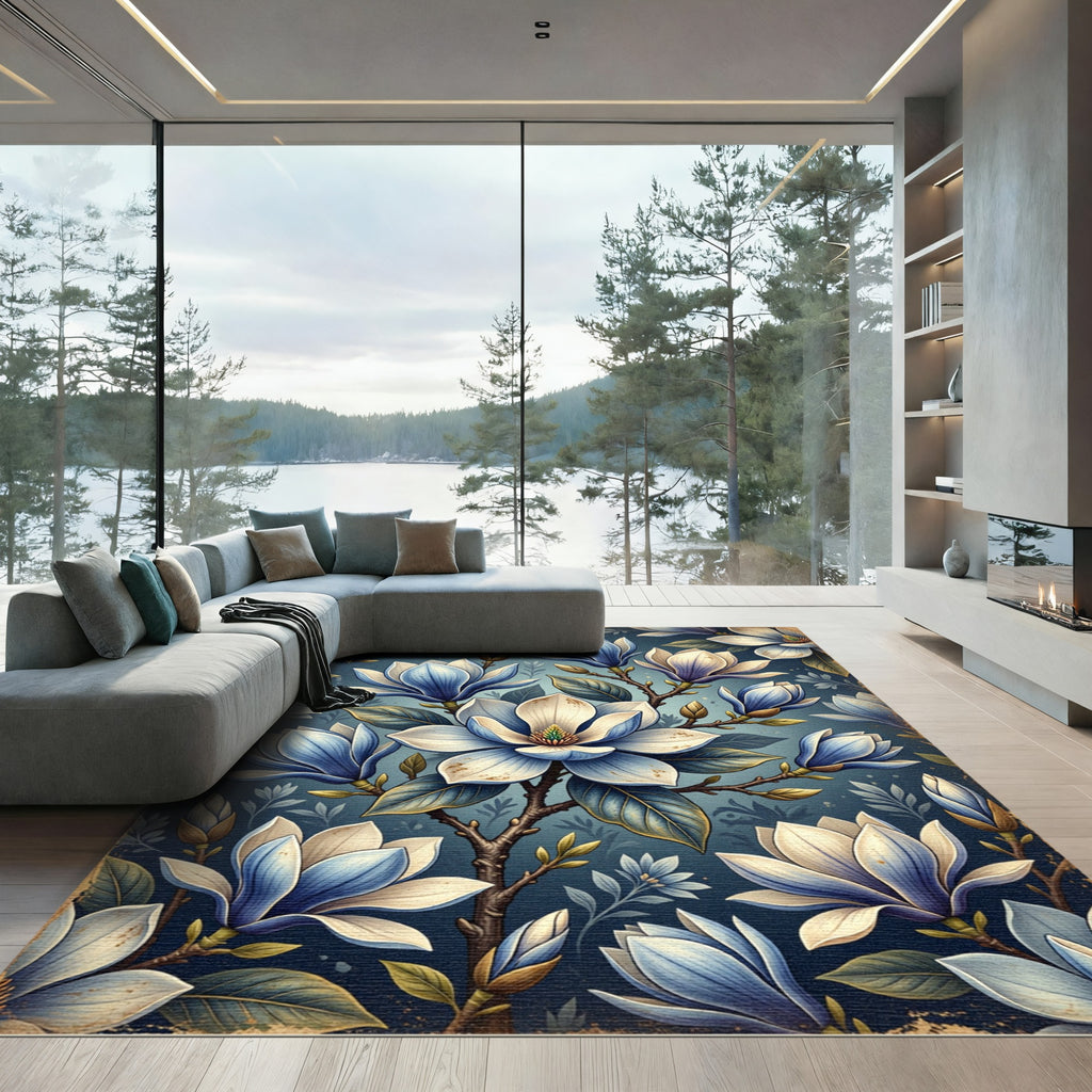 Blue White Magnolia Floral Branches Rug