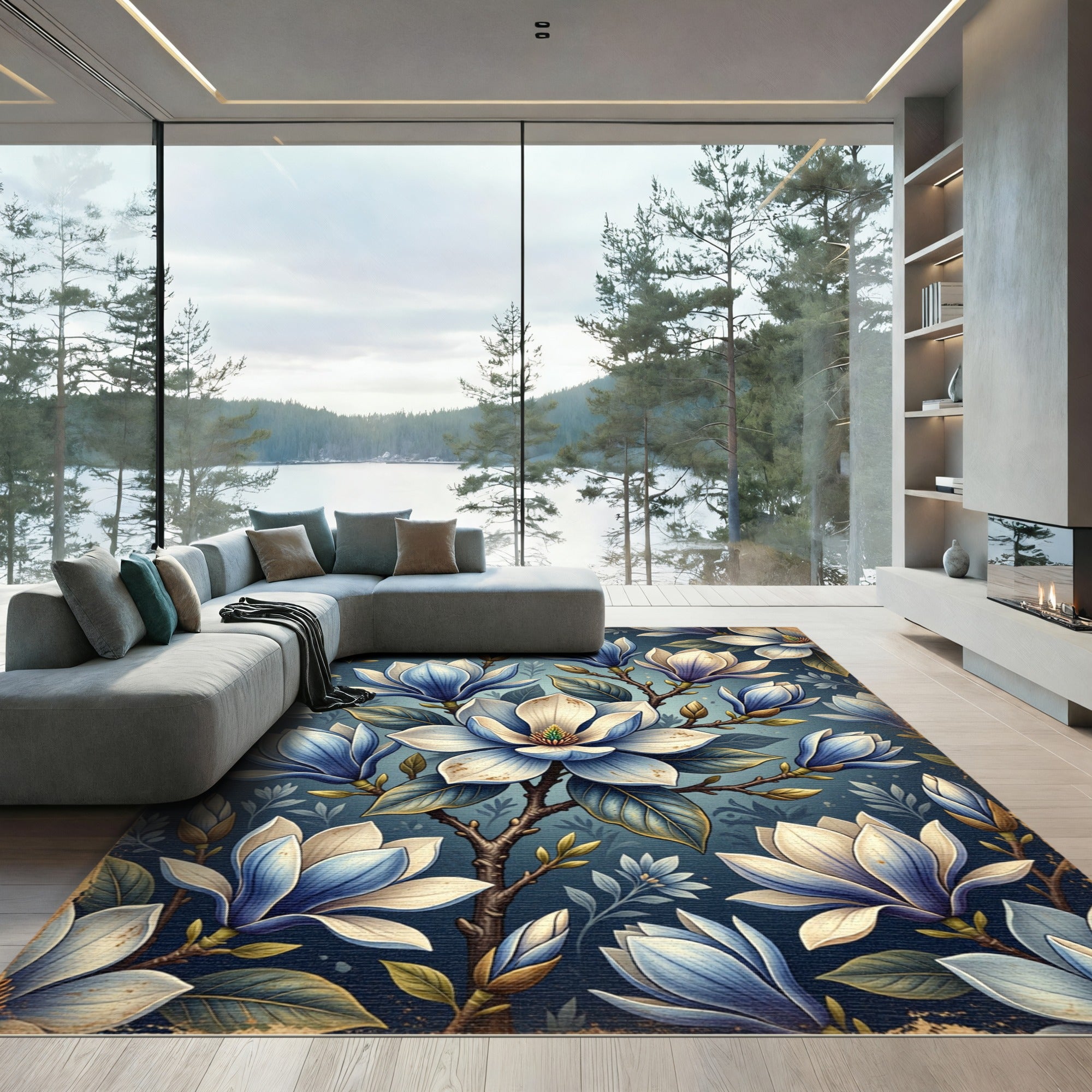 Blue White Magnolia Floral Branches Rug