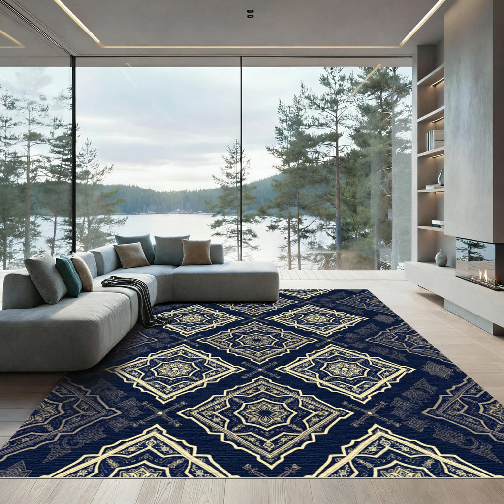 Luxury Gold Midnight Blue Damask Lattice Rug
