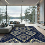 Luxury Gold Midnight Blue Damask Lattice Rug
