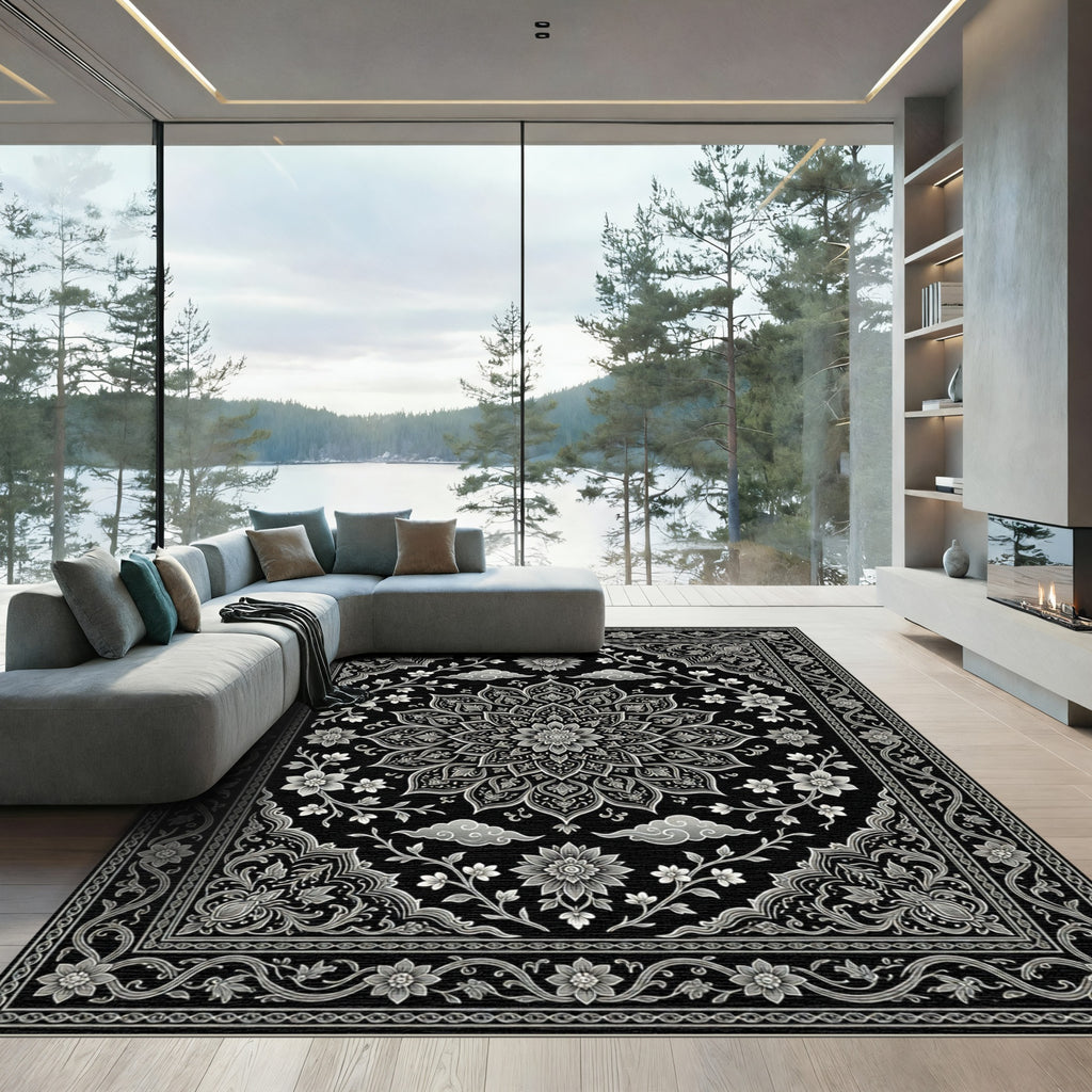 Elegant Monochrome Floral Medallion Black Floor Covering Rug