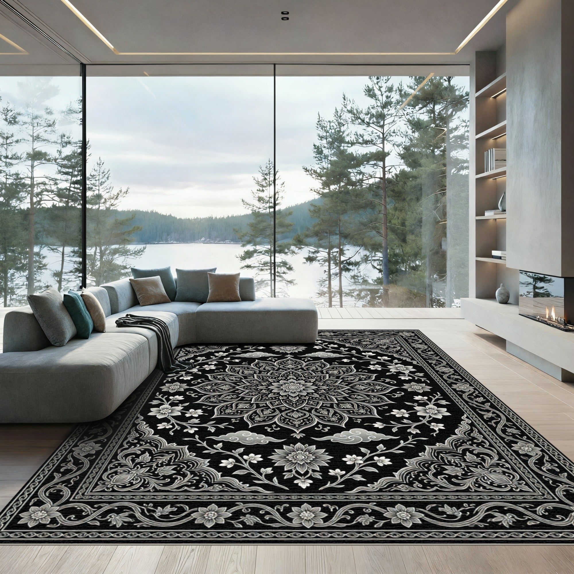 Elegant Monochrome Floral Medallion Black Floor Covering Rug