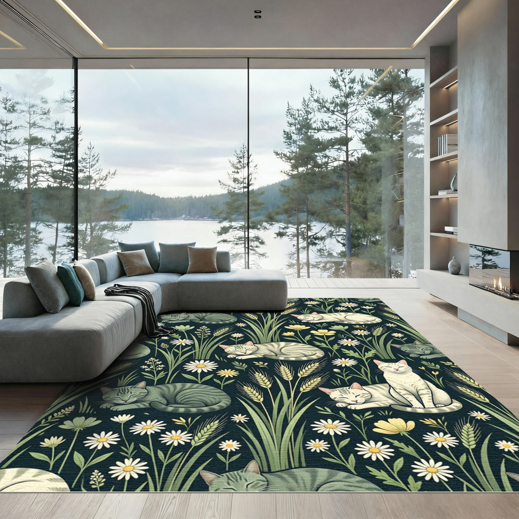 Green Tabby Cats Amidst Wildflowers Rug