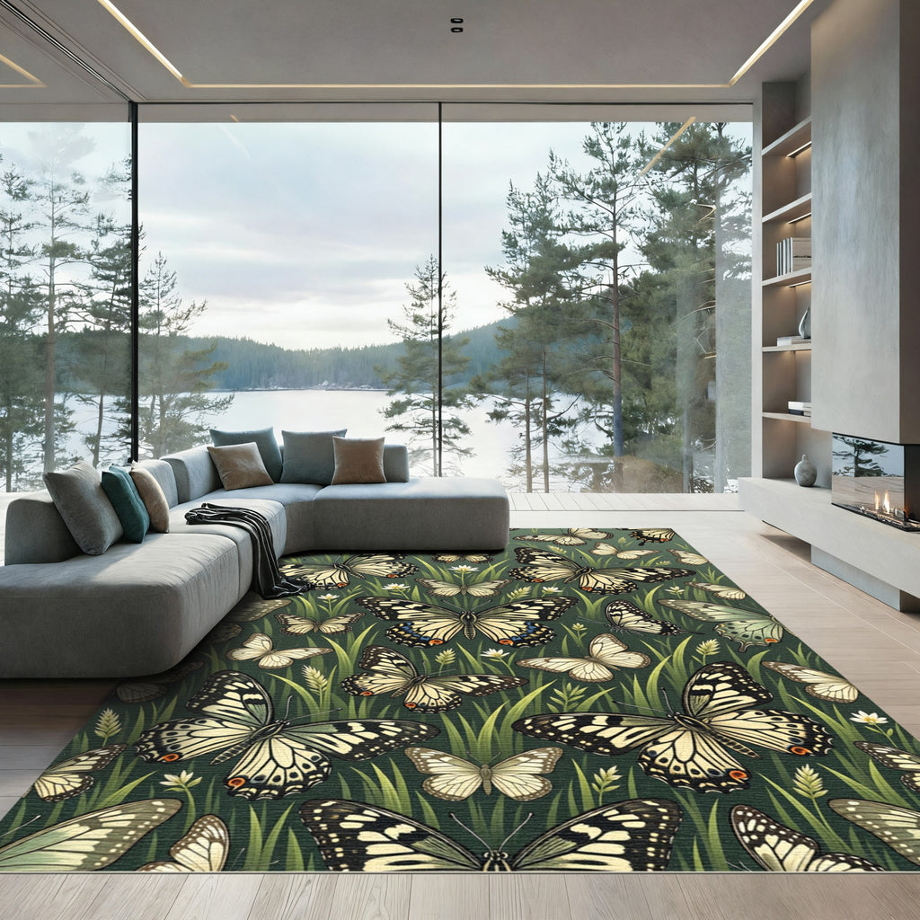 Whimsical Sage Green Butterfly Meadow Rug