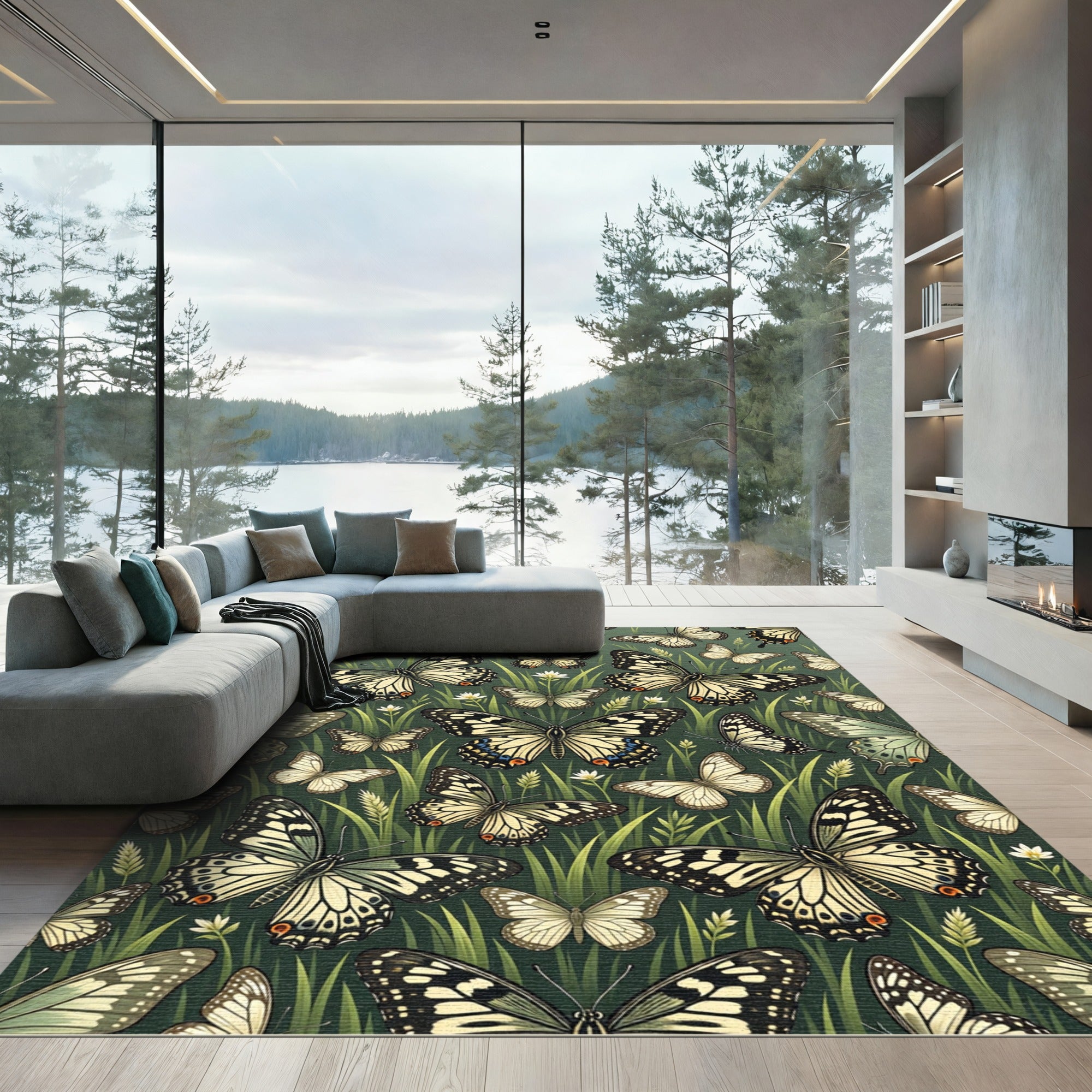 Whimsical Sage Green Butterfly Meadow Rug