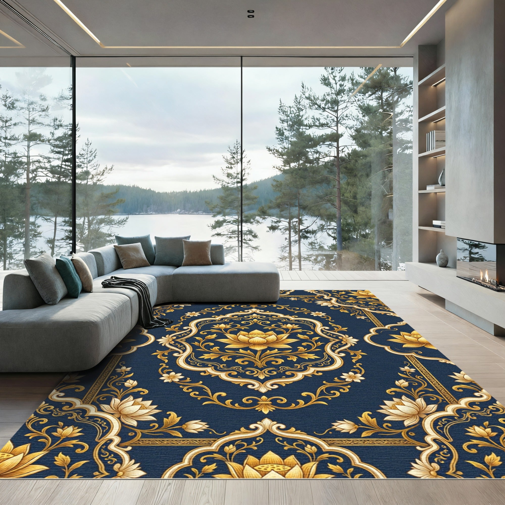 Elegant Navy Gold Lotus Medallion Rug