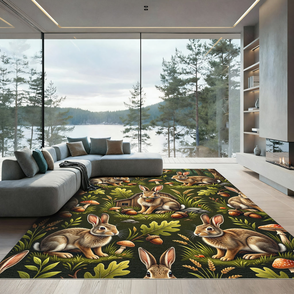 Woodland Animal Forest Rabbits Acorns Mushrooms Rug