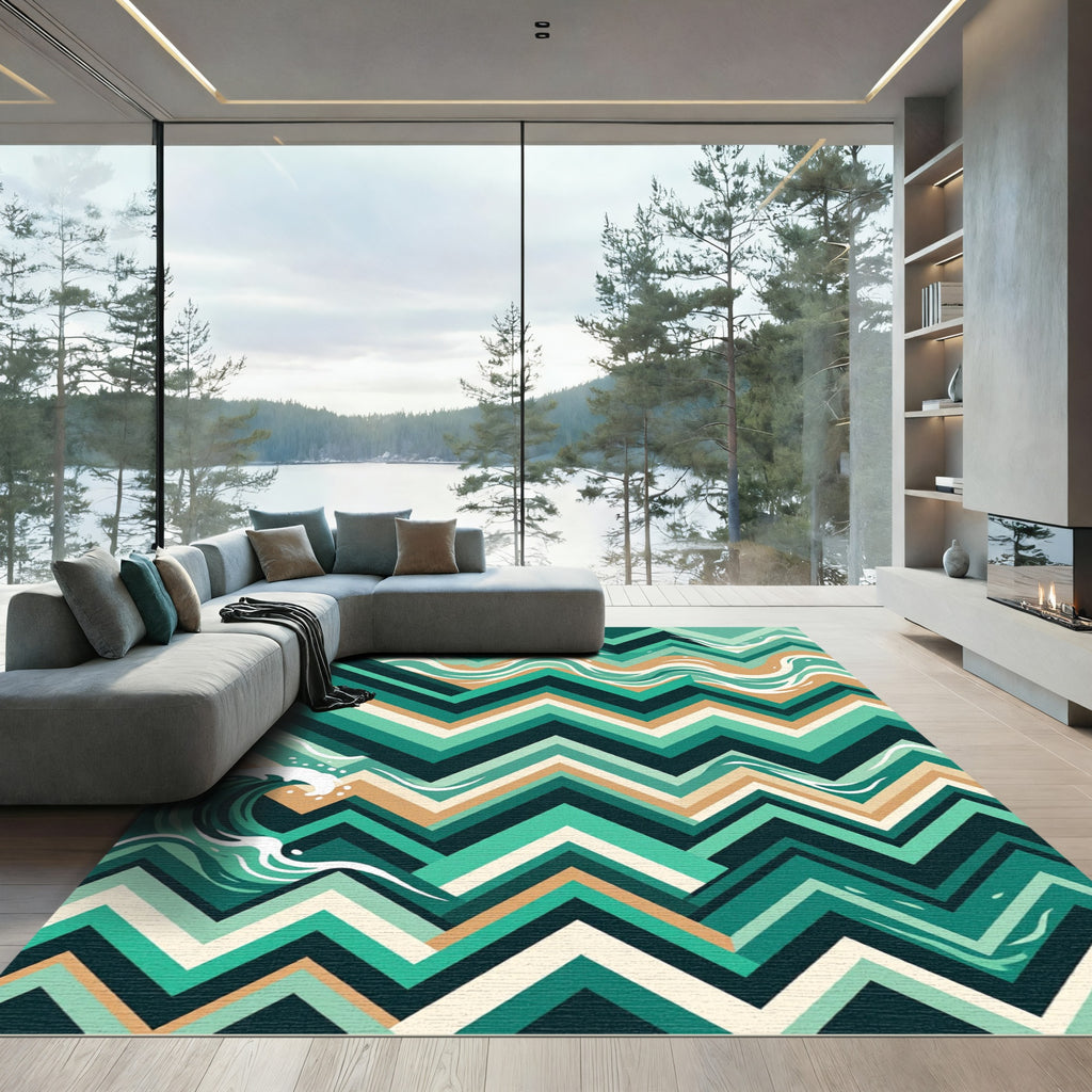 Modern Teal Chevron Abstract Wave Rug