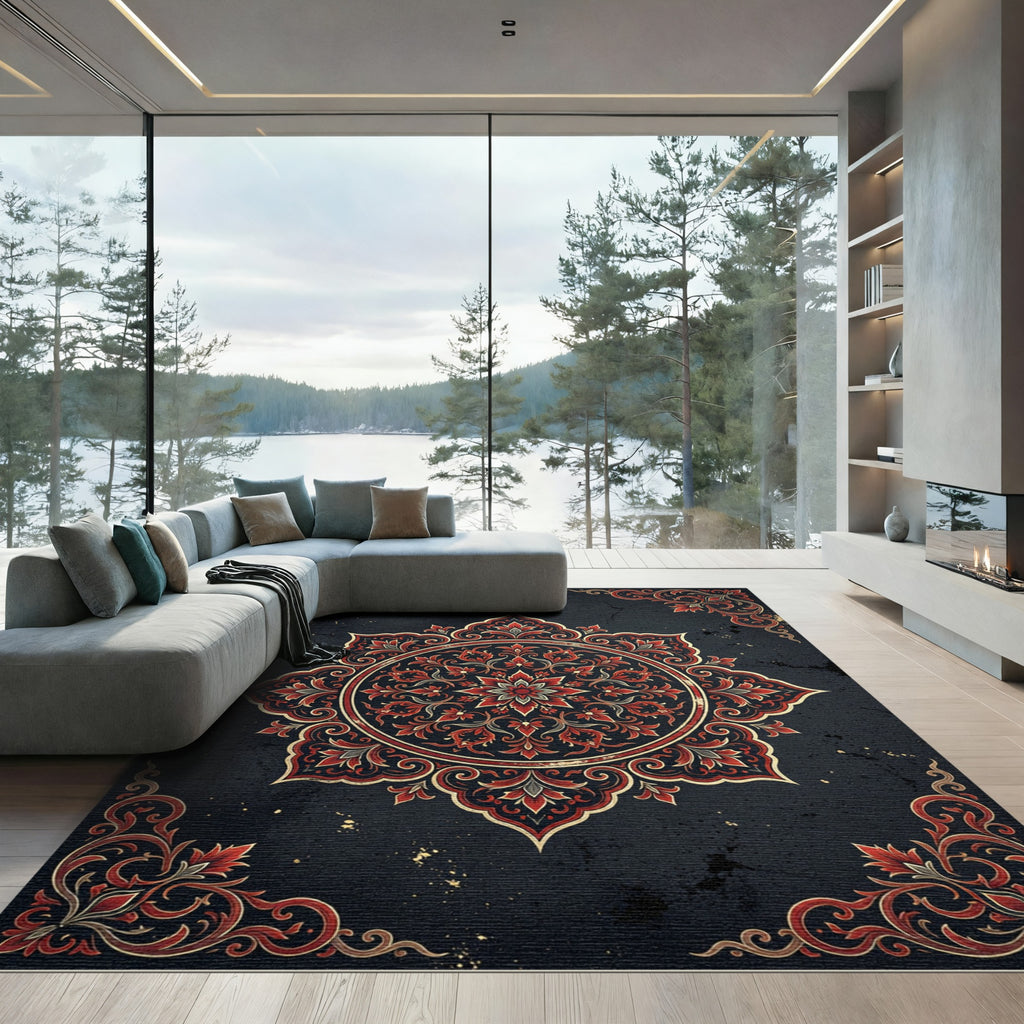 Midnight Crimson Floral Medallion Rug