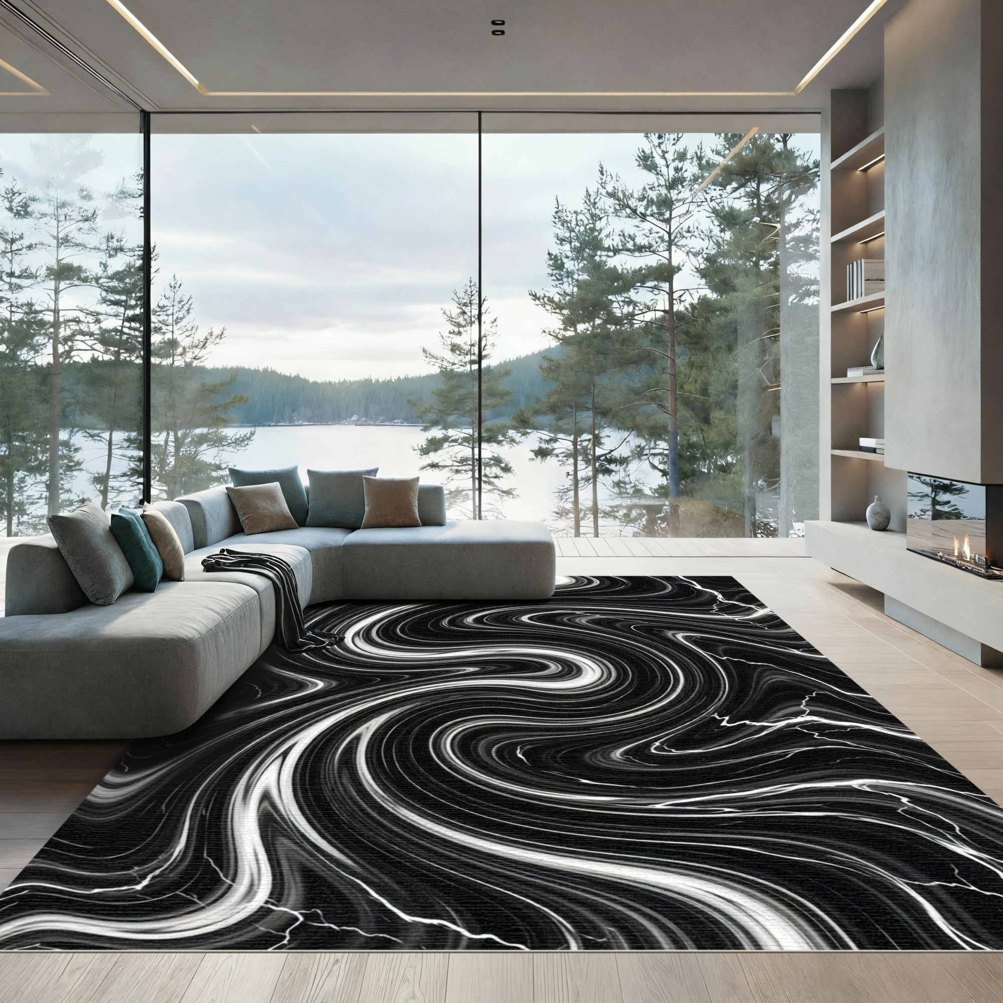 Monochromatic Fluid Swirl Lightning Rug