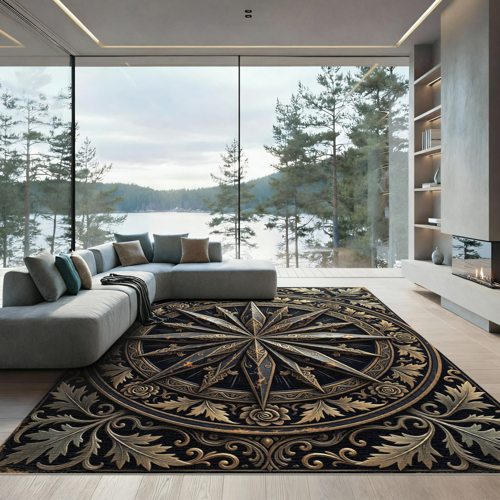 Ornate Gold and Black Compass Medallion Rug